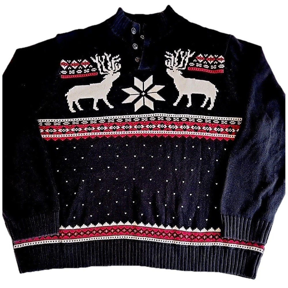 VTG Chaps Mens Sweater Sz XXL Nordic Fair Isle 1/4 Button Black Reindeer Grandpa